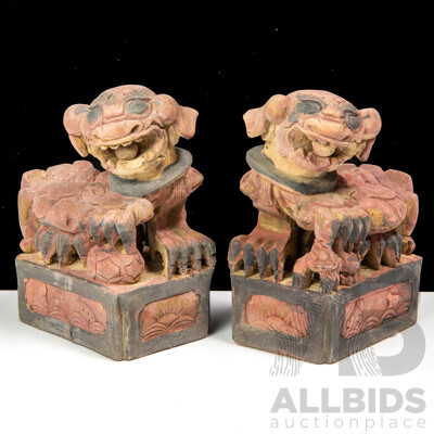 Pair Vintage Carved Wooden Temple Dogs, Baisha Village Lijiang, Yunnan Province
