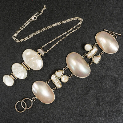 Sterling Silver 70mm Mother of Pearl Pendant and Bracelet with Osmena/biwa Pears/MOP