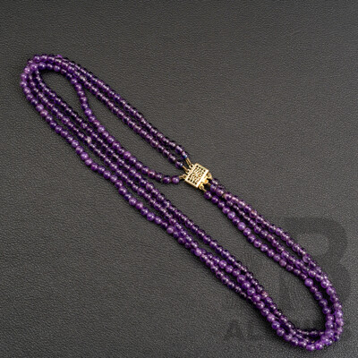 Vintage Triple Strand Amethyst Beads, 40cm Long with Gold Tone Pearl Clasp