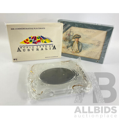 Australian Expo 1988 and Captain Cook Place Mats with Glass/Gilded Picture Frame