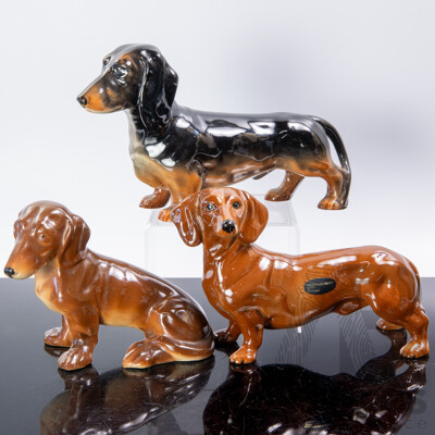 Collection Three Ceramic Dachshund Figures Including Beswick and Copperart Examples