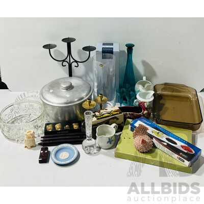 Collection Itesm Including Pyrex Baking Dish Villeroy & Boch Crystal Dish, Polish Made Blue Glass Decnater with Four Glasses, Carved Bone Elephant and More