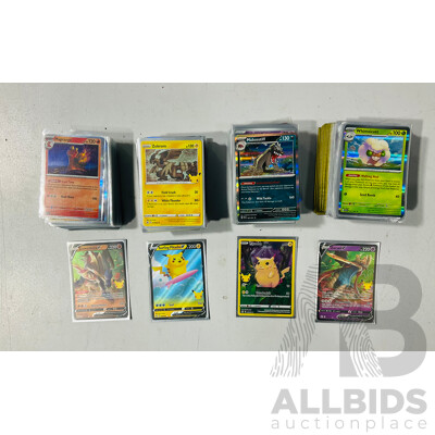 Collection of Mostly Foil Pokémon Tcg Cards Including Celebrations 25th Anniversary Pioachu, Surfing Pikachu V, Zamazenta V and Zacian V