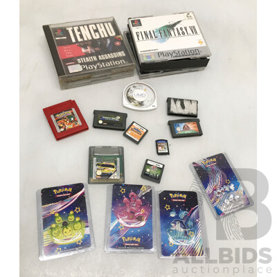 Collection of Assorted Nintendo, PlayStation One, PSP, and PSP Vita Games with Pokemon Trading Cards