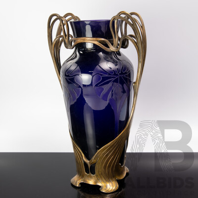 Fantastic Antique German Jugendstil Cobalt Blue Glass Lamp Base with Acid Etched Design and Metal Mount