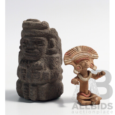 Two Souvenir Ware Meso American Figures Comprising Clay Figure Along with Volcanic Stone Carved Figure