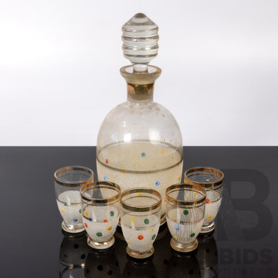 Vintage Art Deco Decanter with Stopper and Set Five Glasses