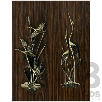 Birds in Flight & Pair of Cranes, Pair of Mid-Century Faux Wood & Moulded Plastic Wall Hangings, 36 x 14 cm (edge to edge) (2)