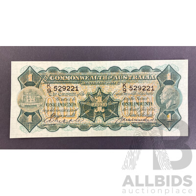 Australian 1927 One Pound Note Riddle/Heathershaw R26, K9 529221, High Grade
