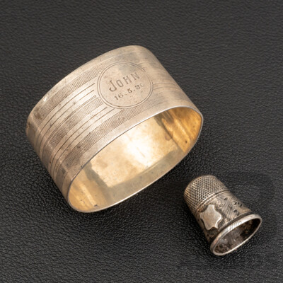 Petite Sterling Silver Antique Thimble & Antique Sterling Silver Napkin Ring, Birmingham 1917, 20.94 Grams