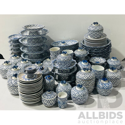 Large Thailand Porcelain 100 Piece Blue and White Dinner Service