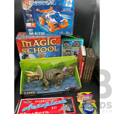 Assorted Kids Books and Toys Including MINECRAFT, MAGNEXT, Dino Planet and More - Lot of 8