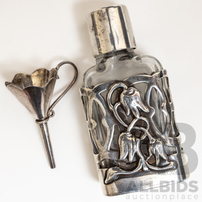 Vintage Sterling Silver Encased Glass Perfume Bottle 62mm & Sterling Silver Funnel, London 1992/93,
