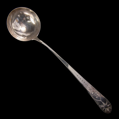 Antique Irish Sterling Silver Ladle by John Shiels, Dublin, 1769 with Engraved Detail and Lion Monogram to Top and Original Receipt