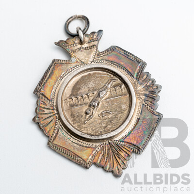 Antique Sterling Silver Swimming Medal Pendant, 1914, 40mm, 15.04 Grams