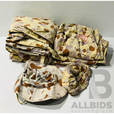 Collection of Military Clothing Including Hats, Shirts and Pants with Including Some with Patches in Desert Camo