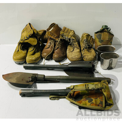 Collection of Military Gear Including Folding Shovels, Boots, Canteen and More
