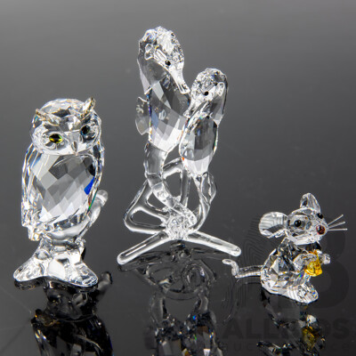 Three Swarovski Austrian Crystal Pieces Comprising Seahorse, Owl & Mouse Figures, All in Original Box and Packaging