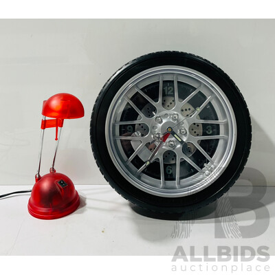 Red Plastic Desk Lamp and Novelty Tire-form Wall Clock