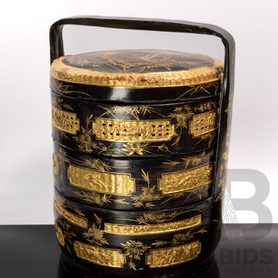 Vintage Chinese Thee Level Lacquer Work Carry Stack with Engraved Gilt Decorated Panels to Side