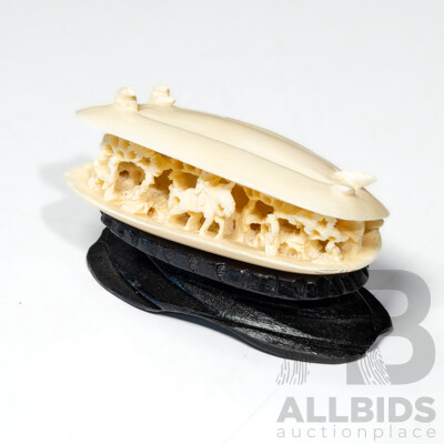 Chinese Hand Carved Ivory Scene in Carved Ivory Bi Valve Seashell on Wooden Stand