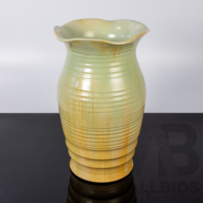 Vintage Australian Remued Ribbed Vase in Green & Yellow with Original Label