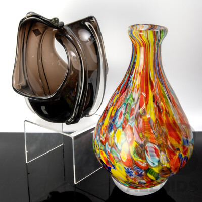 Art Glass Heavy Vase with Millefiori Detail Along with Art Glass Basket Form Vase