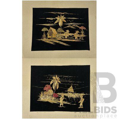 Artist Unkknown, (20th Century, Asian School), Village Life - Tending Field & Boat on Horizon, Pair Unframed Hand Made Vintage Straw on Black Velvet Panels, 25 x 33 cm (images) (2)