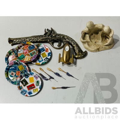Collection of Interesting Homeware Including Metal Display Pistol, Small Novelty Clock and More