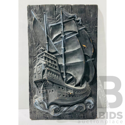Carved Painted Wooden Wall Display Depicting Ship