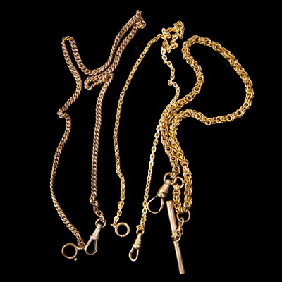 Collection of (3) Antique/vintage Gold Tone Fob Chains