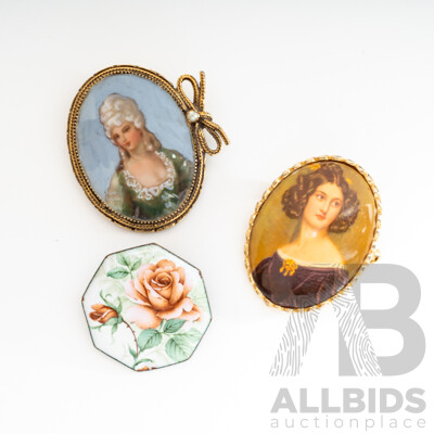 Vintage Miniature Portrait Brooches (2) with Enamel Rose Brooch
