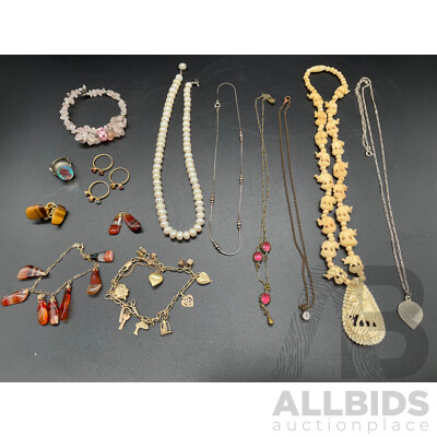 Assorted  Jewellery - Bracelets, Earrings, Necklaces, Rings Including Pearl Necklace, Bone Necklace, Silver Necklace, Agate Pendant and Bracelet and More - Lot of 15