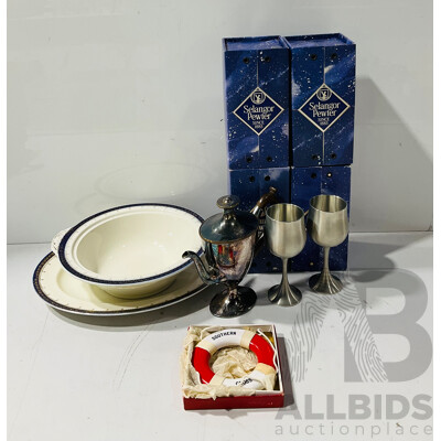 Collection Items Including Six Selangor Pewter Goblets, Meakin Porcelain PLatter and Dish and More