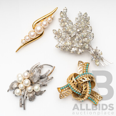 Collection of (4) Vintage Brooches with Cultured Pearls and Paste Stones