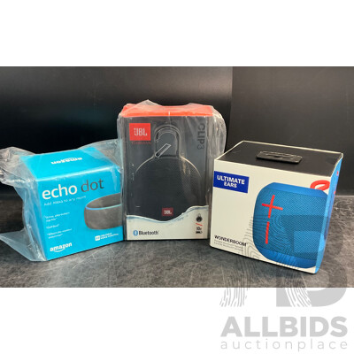 ULTIMATE EARS Wonderboom & JBL Clip3 Speaker & AMAZON Echo Dot - Lot of 3