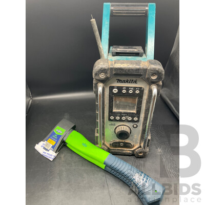 MAKITA (DMR107) JobSite Radio - Skin Only and SAXON 450g Hatchet (x2) - Lot of 3