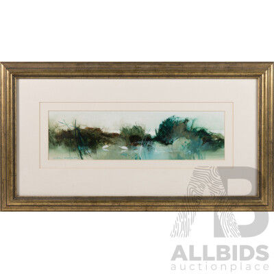 Ken Taber, (20th Century, Australian, 1942-), Backwater I, Oil on Board, 12 x 42 cm (image); 37 x 67 cm (framed)