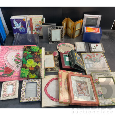 Assorted Photo Frames, Albums, and Wishing Cards